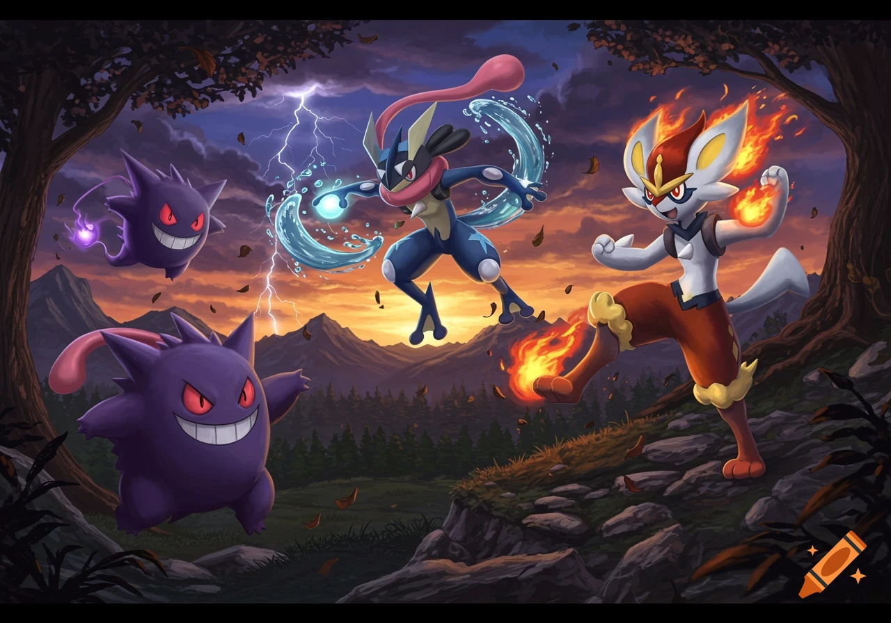 Two Gengar, Greninja, and Cinderace battle in a dynamic fantasy scene with lightning at sunset over mountains.