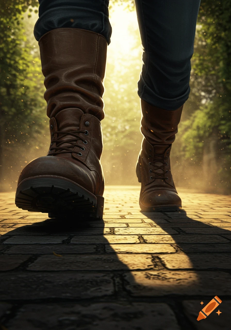 Low-angle shot of a person in brown boots walking on a sunlit cobblestone path with trees in the background.