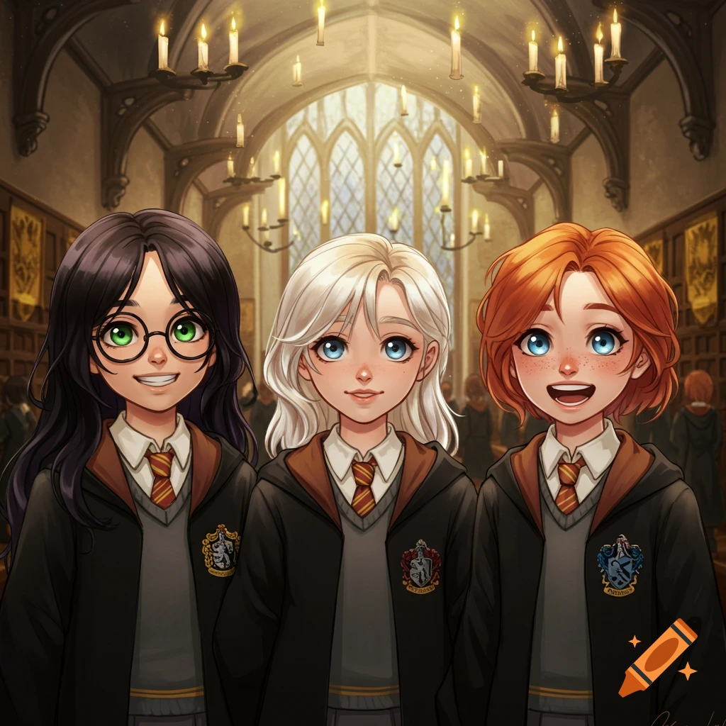 Three smiling cartoon girls in wizarding robes standing in a large hall with candles floating overhead.