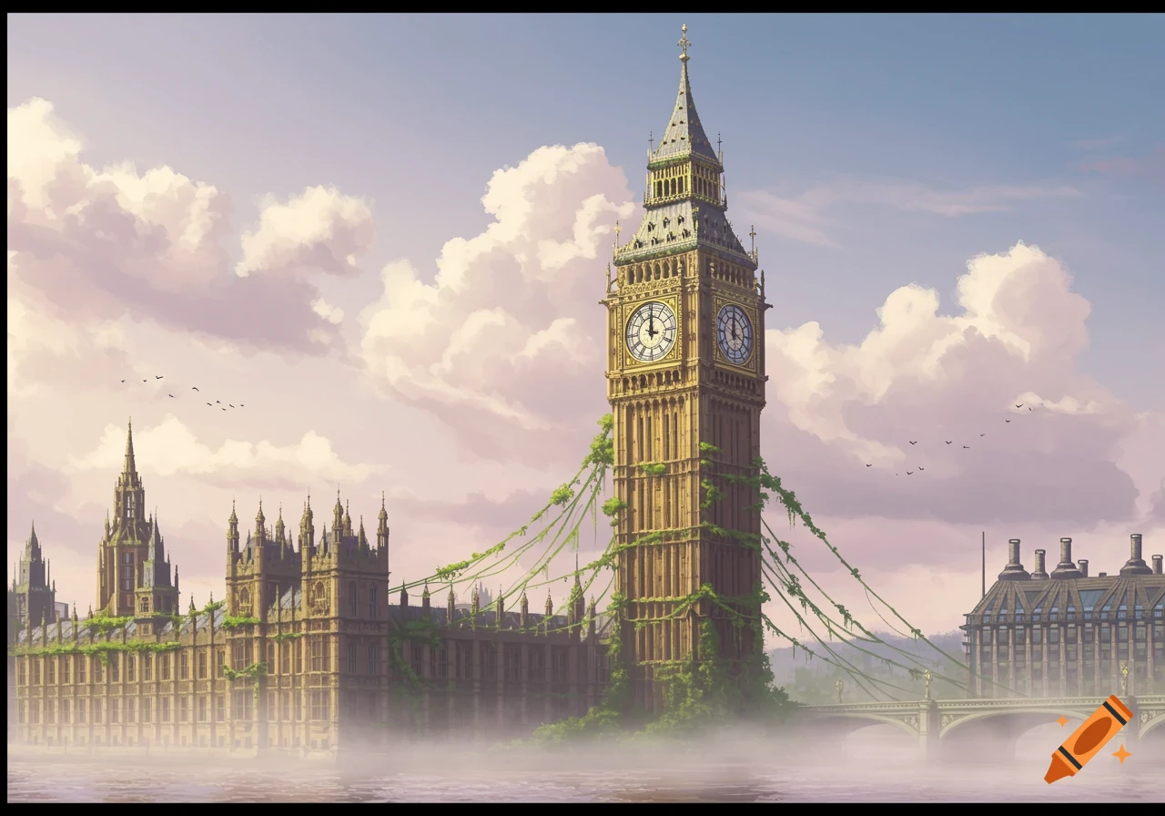 An illustrative view of Big Ben and the Houses of Parliament, heavily overgrown with vines and moss, standing beside a misty river under a cloudy sky.