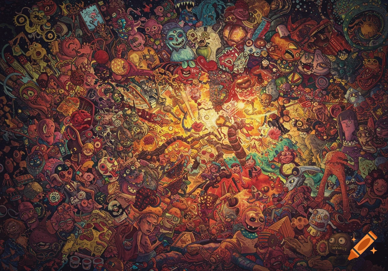 A densely packed, chaotic, psychedelic illustration filled with grotesque and cartoonish creatures, monsters, and distorted faces.