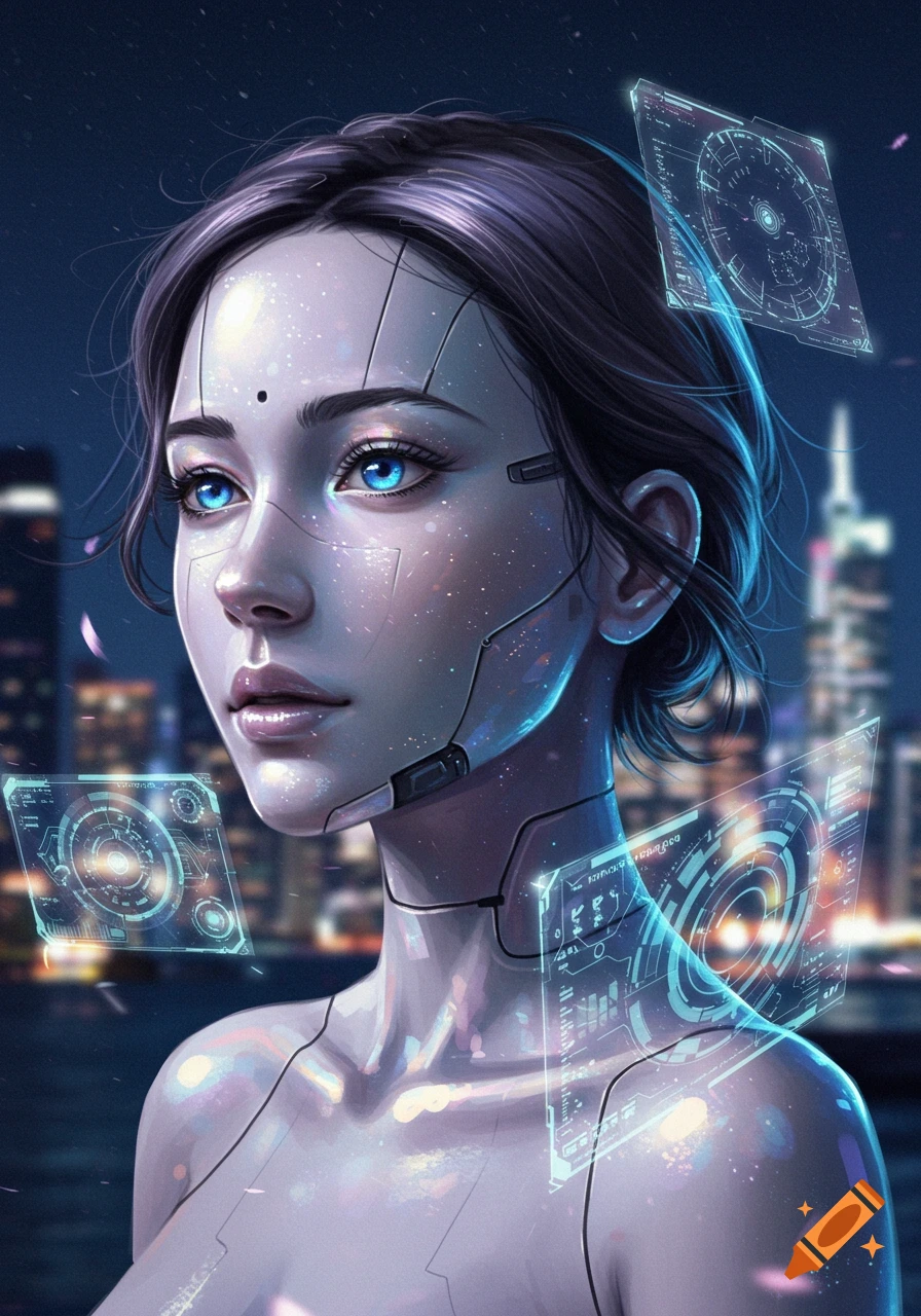Close-up digital art portrait of a cyborg woman with glowing blue eyes and facial implants, surrounded by futuristic holographic displays, against a blurred night city skyline.