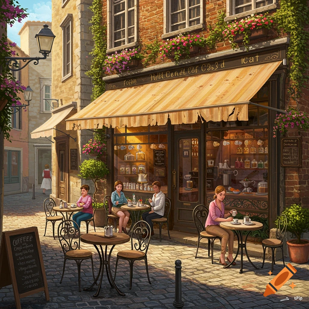 A vibrant illustration of a European cafe on a cobblestone street, with people sitting at outdoor tables under an awning.