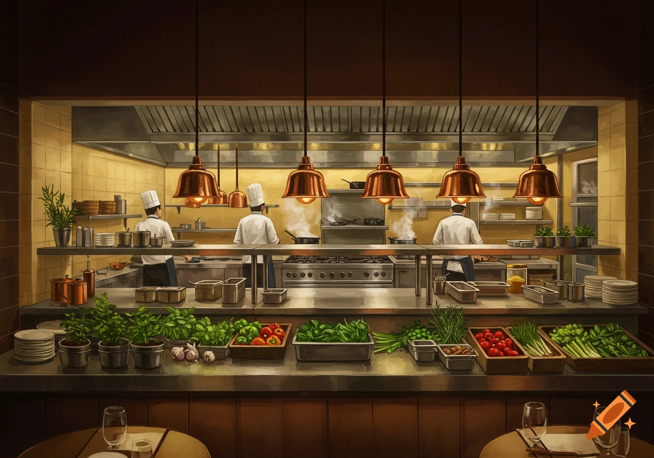 A busy restaurant kitchen seen from the front, with chefs cooking and fresh ingredients on the counter.