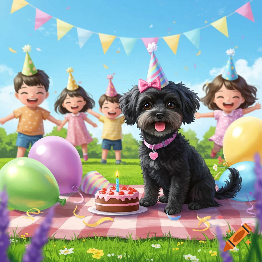 A cute black dog in a party hat sits beside a birthday cake on a picnic blanket, surrounded by happy children and colorful balloons at an outdoor party.