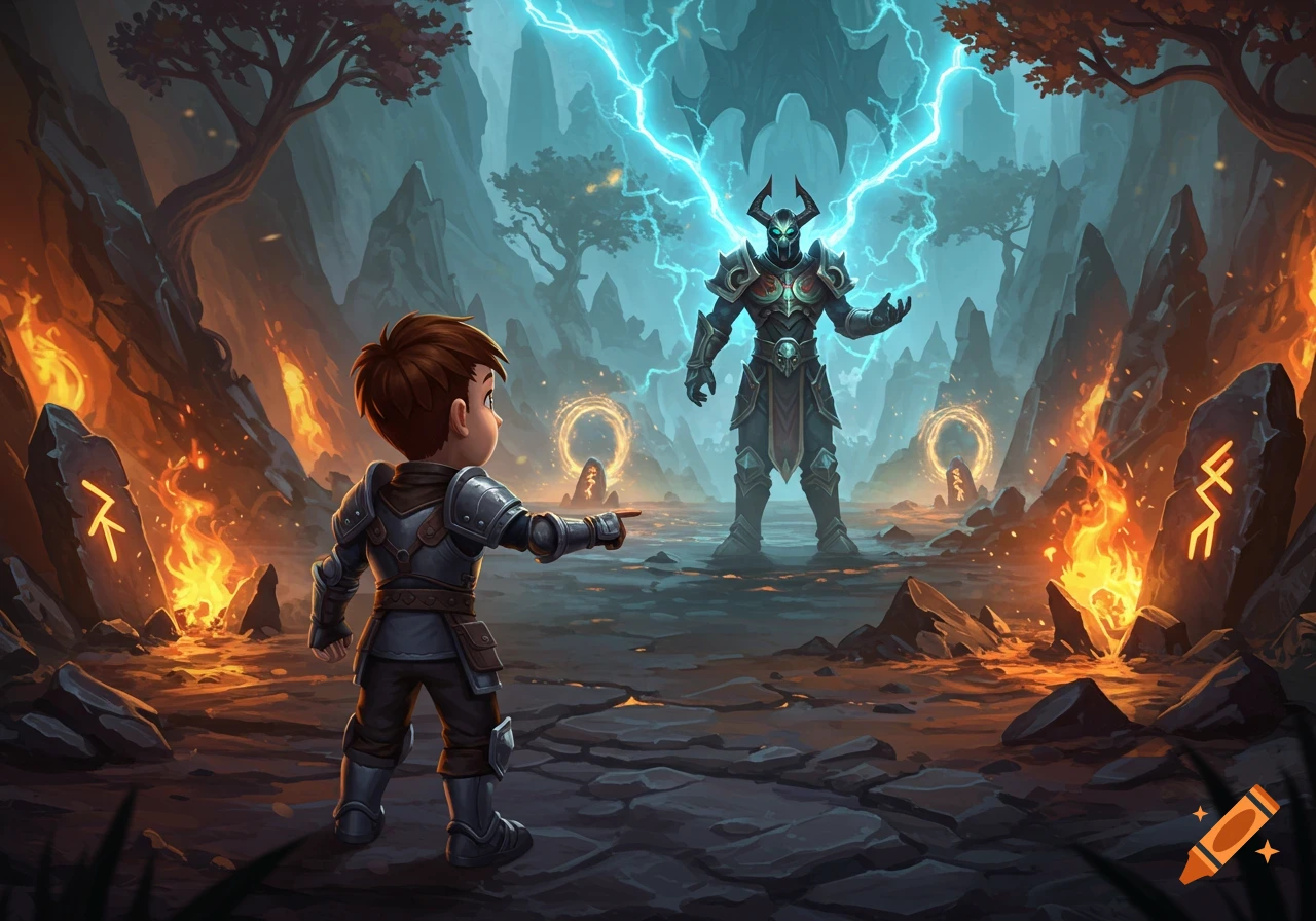 A small armored boy points at a large, horned monster radiating lightning in a fantasy cavern with fire.