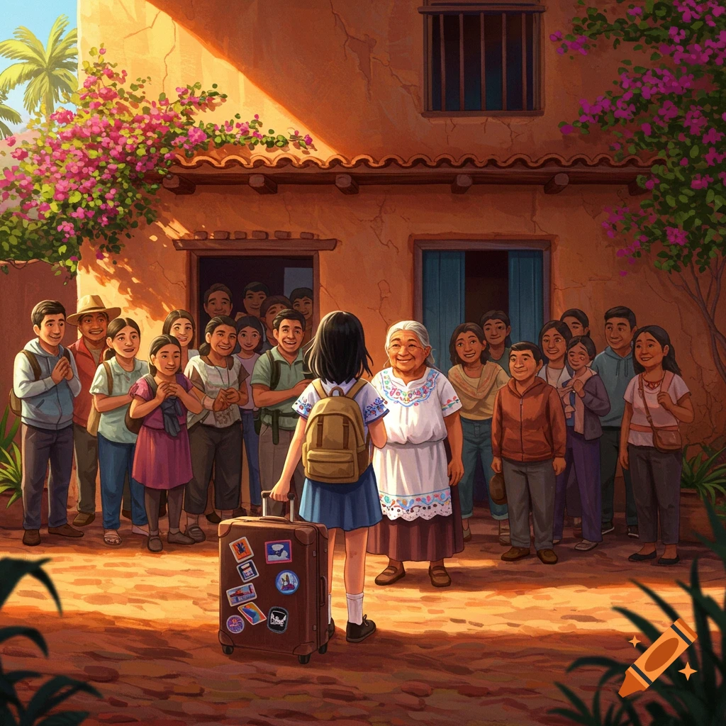 An illustration of a girl with a backpack and suitcase facing a crowd of smiling people and an old woman outside a sunny building.