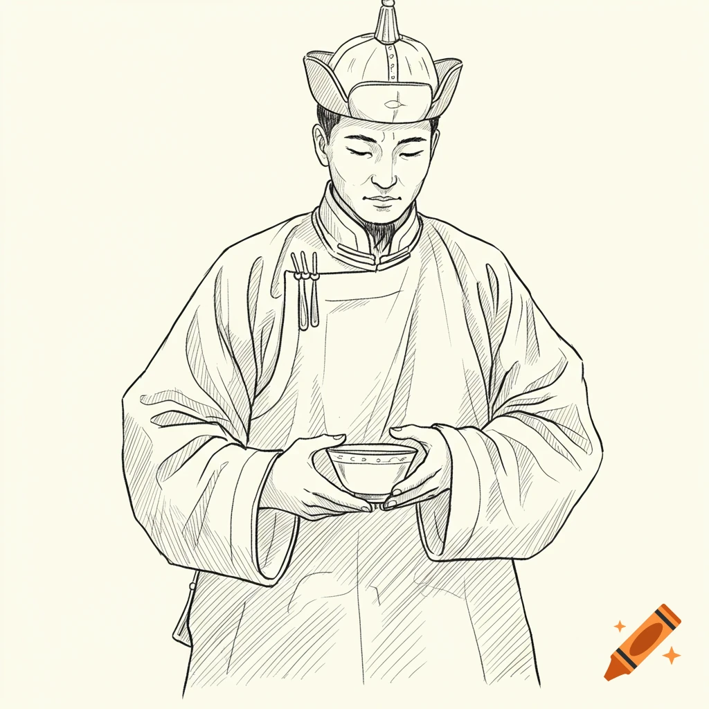 A line drawing of a Mongolian man in traditional clothing, holding a small bowl with both hands, with his eyes closed.