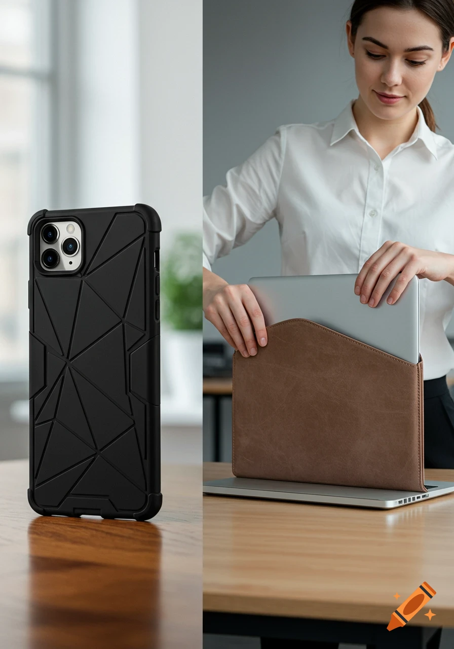 Two panels: a black smartphone with a geometric cover, and an office worker putting a laptop into a brown leather sleeve.