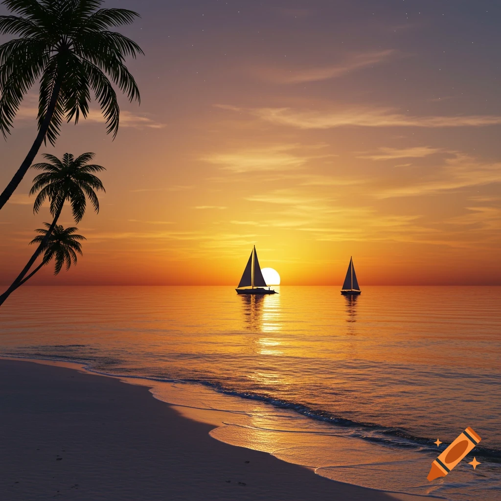 Silhouettes of palm trees and two sailboats against a vibrant orange and yellow sunset over calm ocean waters with a sandy beach.