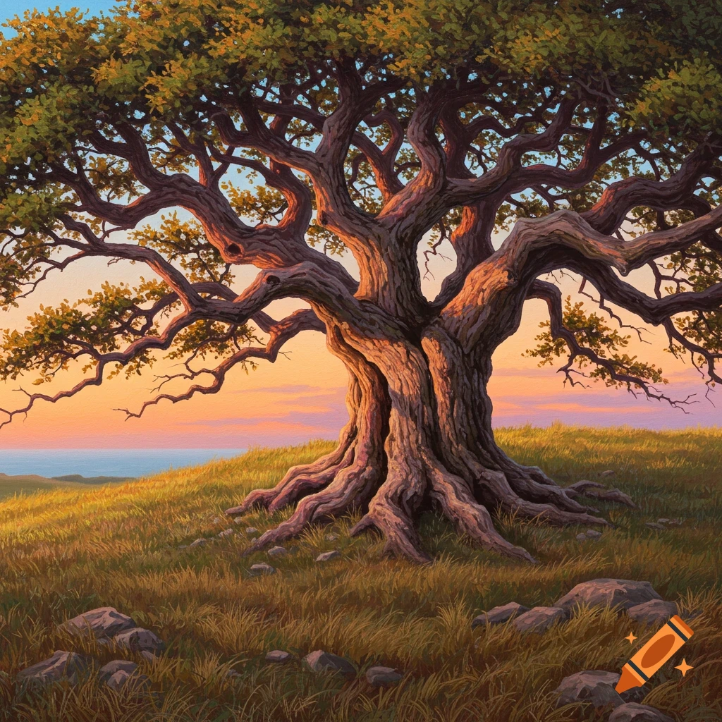 A majestic, gnarled oak tree on a grassy hill overlooking the ocean at sunset, painted in a realistic style.
