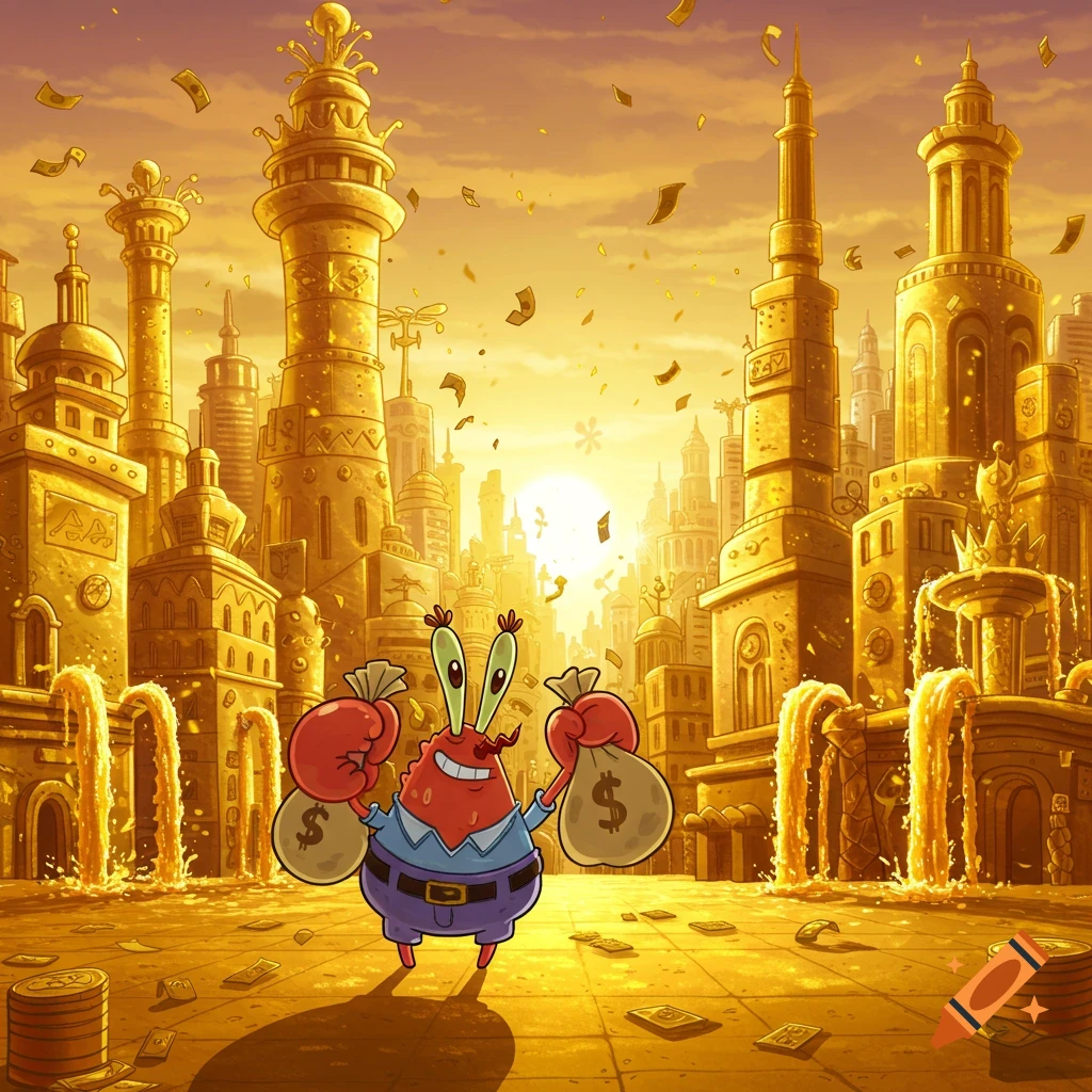 Mr. Krabs holding two money bags in a vibrant golden city, with gold coins and money scattered around.