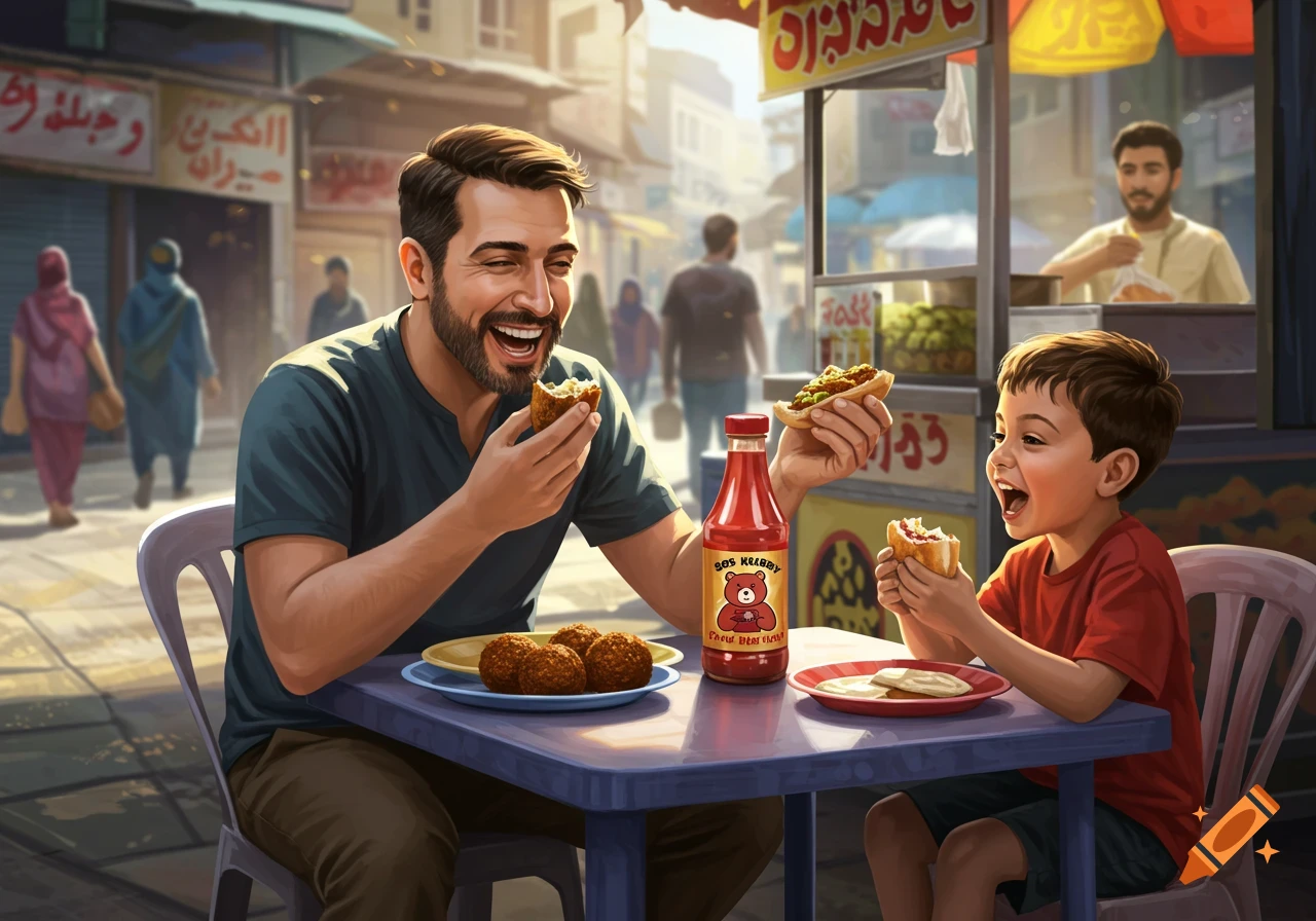 A happy man and a young boy are eating falafel and hot dogs at a table outdoors in a sunny, bustling urban market.