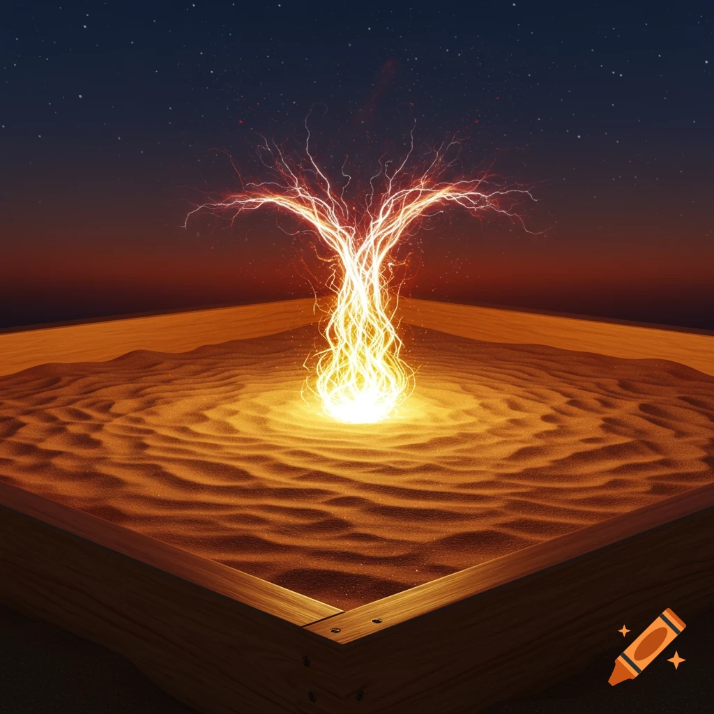 A glowing, fiery energy resembling the solar corona emanates from rippled sand within a wooden sandbox under a starry night sky.