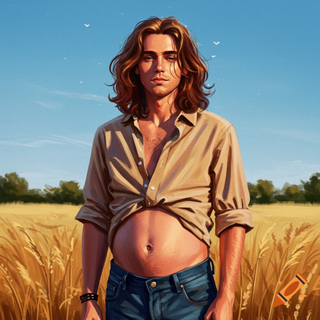A long-haired man in a tan shirt and jeans with his belly exposed stands in a sunny wheat field under a blue sky.
