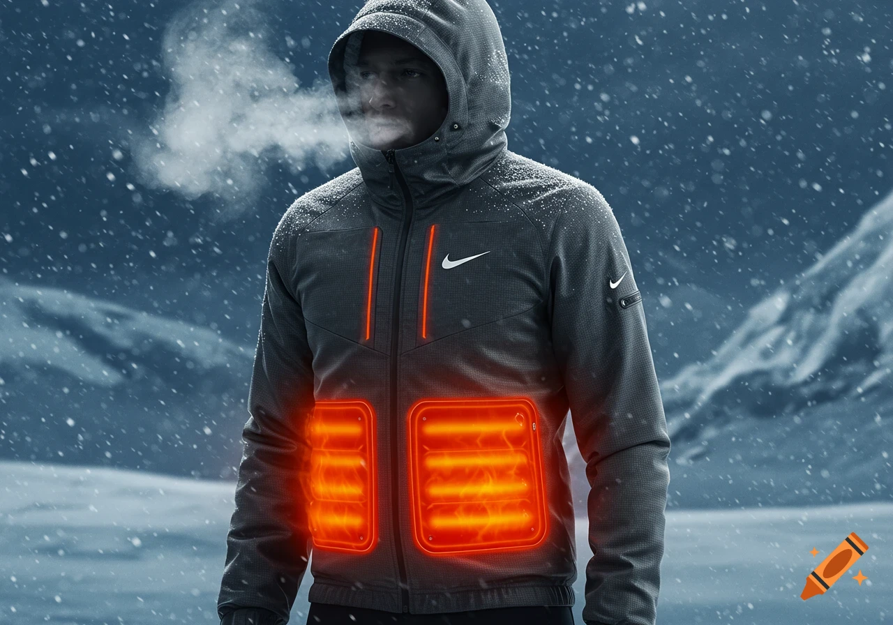 A person in a gray Nike tech jacket with glowing orange heating elements on the chest, standing in a snowy, cold outdoor environment, with vapor exhaling from their mouth.