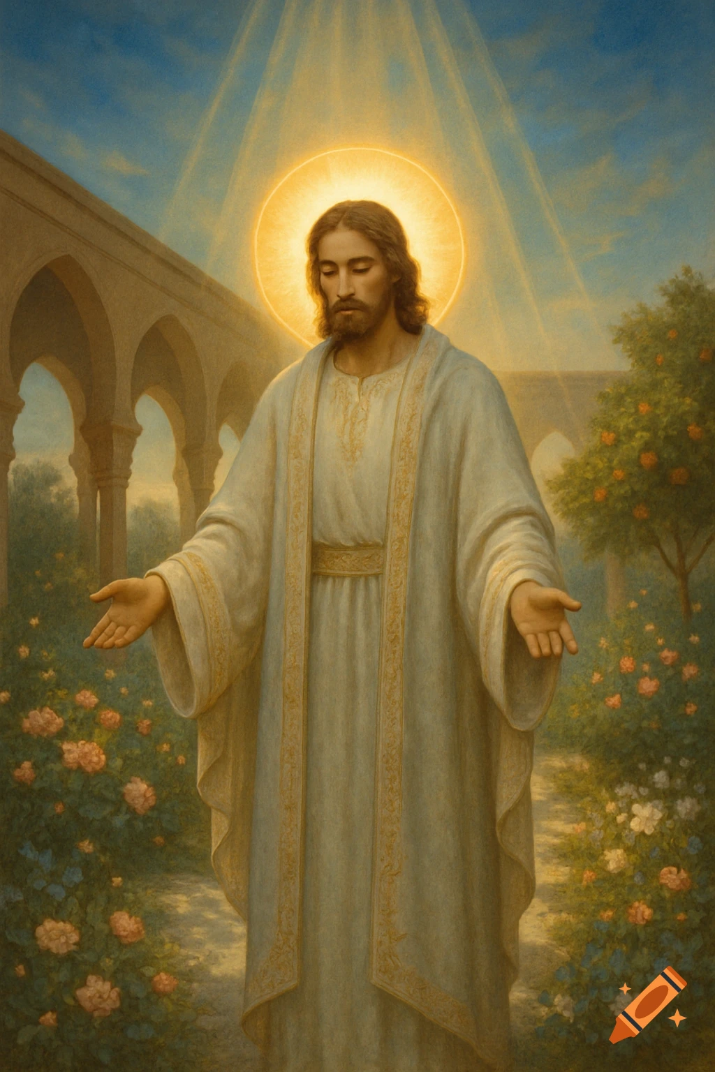 A painting of Jesus Christ with a halo and outstretched arms, standing in a garden with an arched building and rays of light from above.
