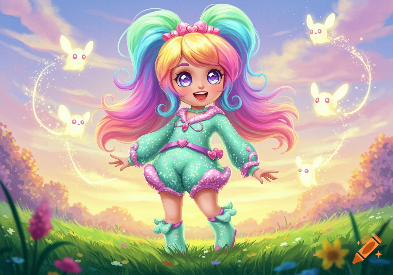 A cute, cartoon girl with rainbow hair and a green sparkly romper stands in a sunny field with floating glowing rabbit creatures.