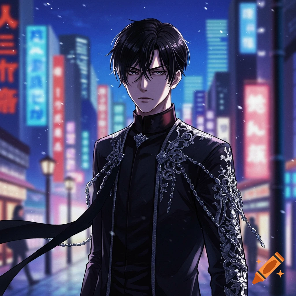 Anime style male character with black hair and a dark, ornate coat standing on a city street at night with neon signs in the background.