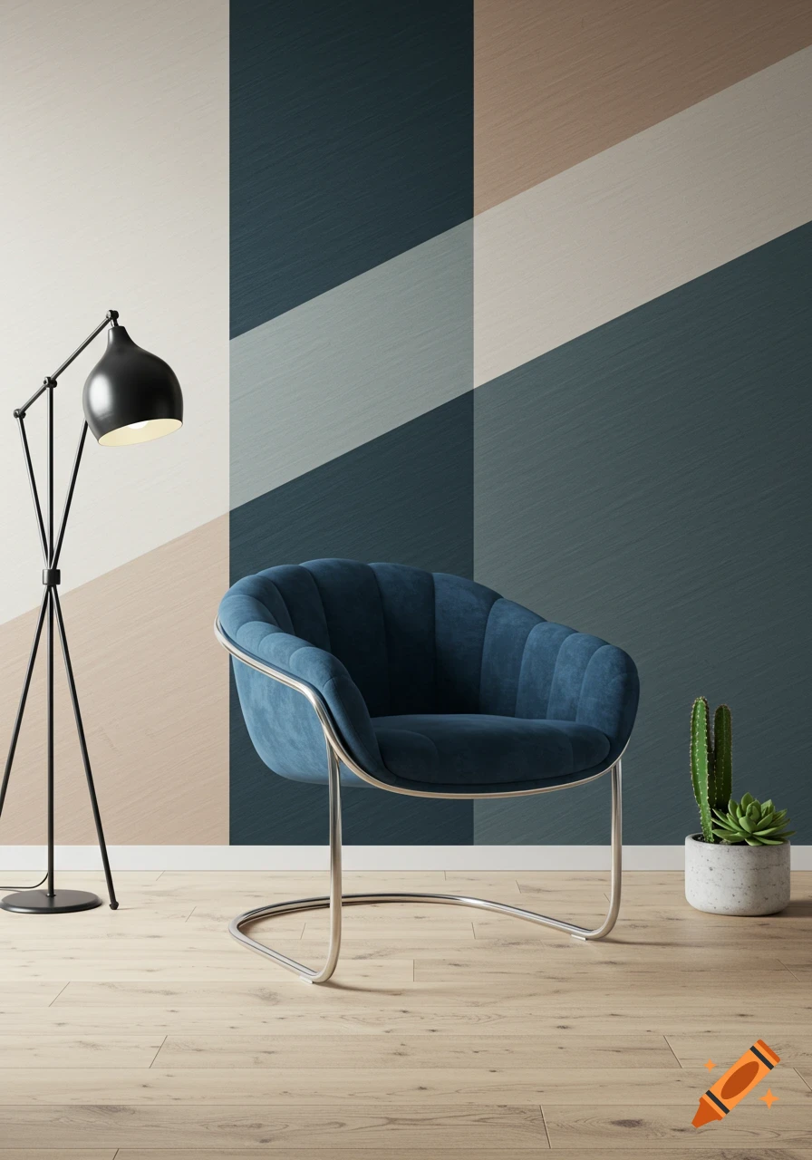 A modern blue velvet armchair with a metal frame, a black floor lamp, and potted cacti in a room with a geometric striped wall and light wood floor.