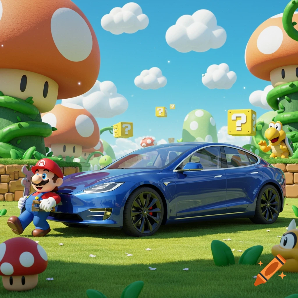 Mario standing next to a blue Tesla car in a colorful Super Mario Bros. inspired landscape with large mushrooms and mystery blocks.