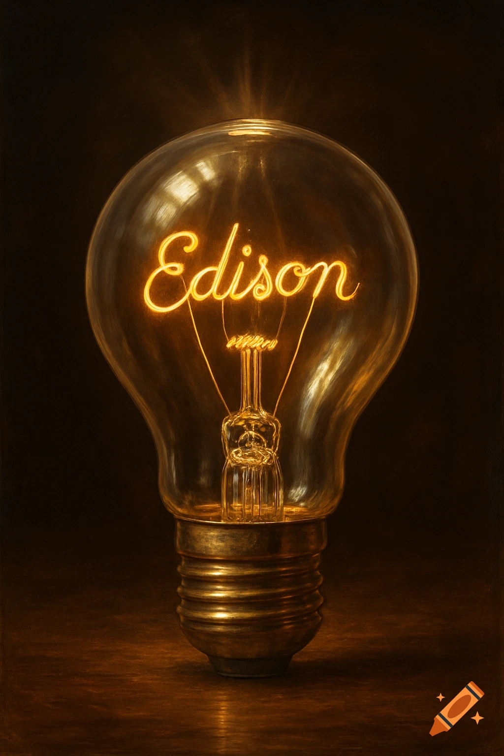 A close-up, photorealistic image of an illuminated vintage Edison light bulb with the word "Edison" glowing in orange as the filament.
