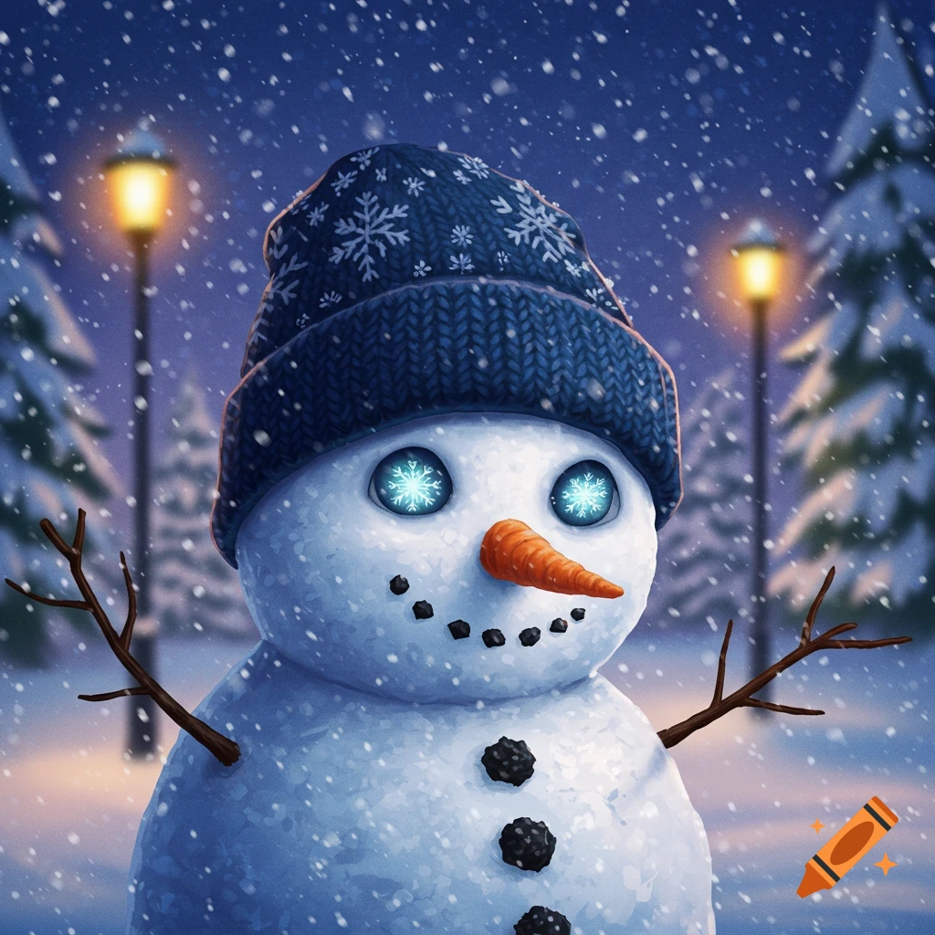 A snowman with a blue beanie, glowing snowflake eyes, carrot nose, and button smile, stands in falling snow at night with streetlights.