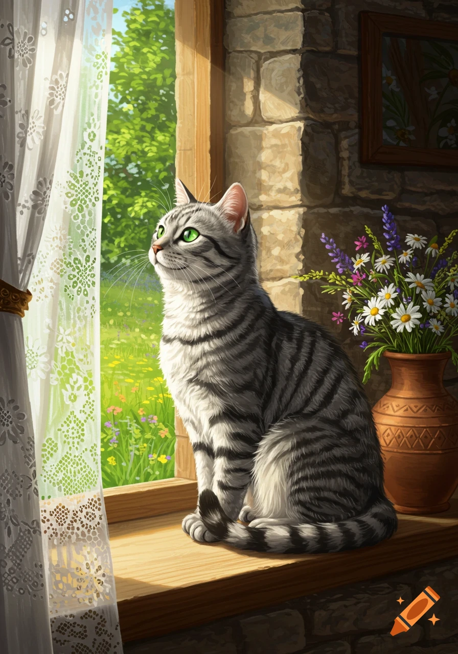 A striped gray cat with green eyes sits on a sunny windowsill, looking out at a bright green landscape with wildflowers. Lace curtains and a vase of flowers are nearby. Painterly.