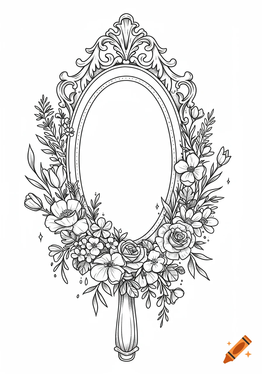 Black and white line art of an ornate oval mirror frame surrounded by a lush bouquet of wildflowers, roses, and tulips.