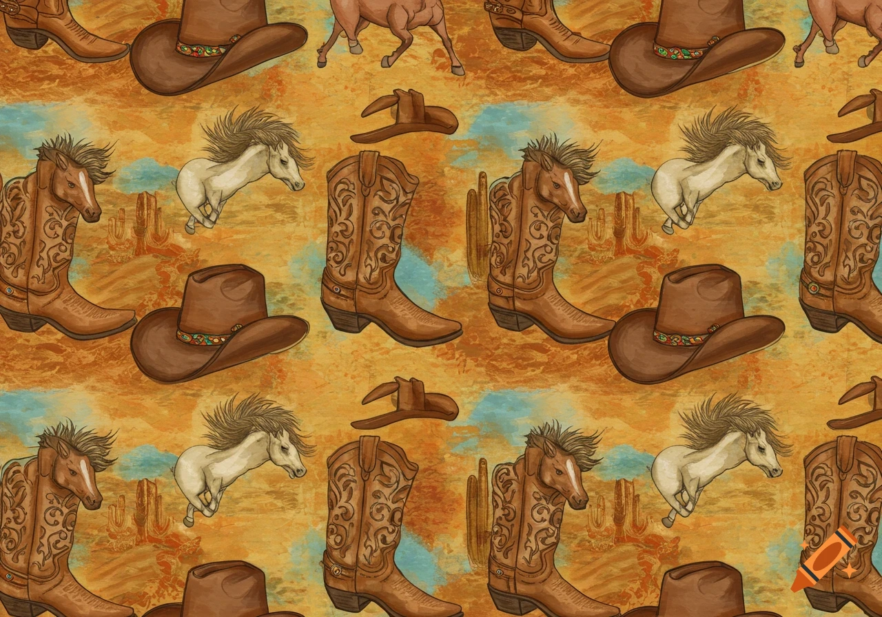 Seamless pattern of brown cowboy boots, hats, and horses on a textured orange and blue desert background.