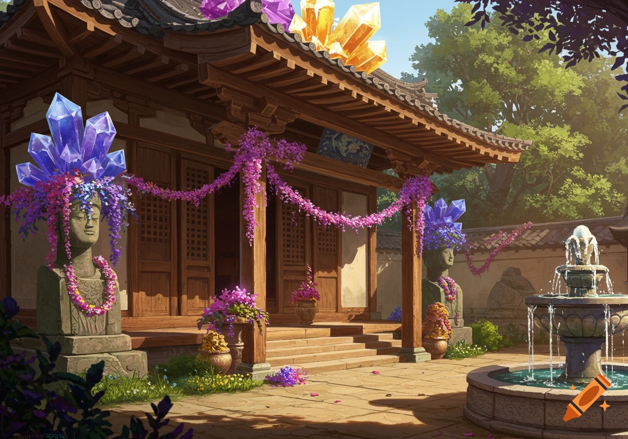 A vibrant Zen monastery courtyard with a wooden building, large colorful crystals on the roof, and two stone statues adorned with flowers. A fountain flows on the right, under a bright sky.