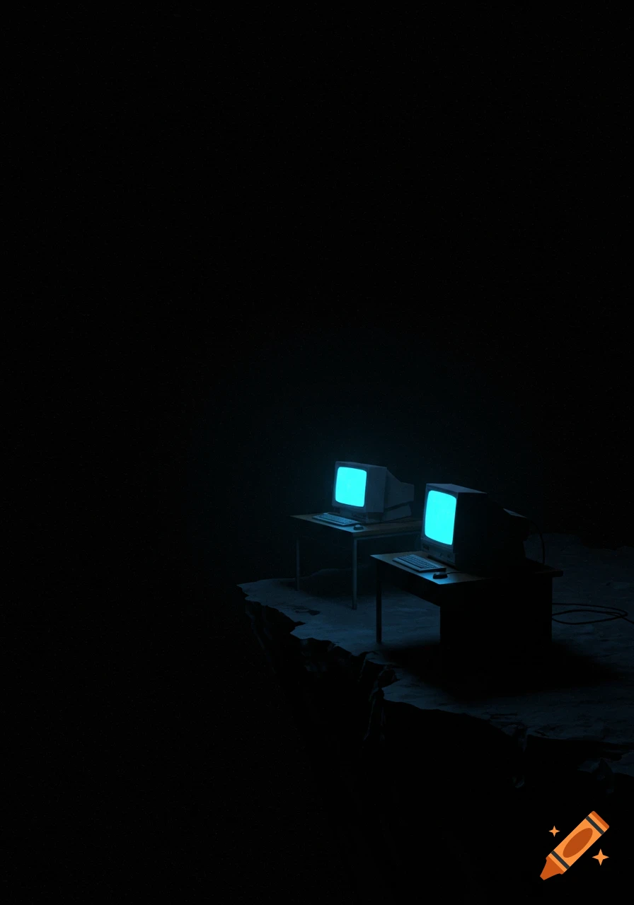 Two old CRT monitors with glowing blue screens on desks in a dark, minimalist setting with a cliff edge.