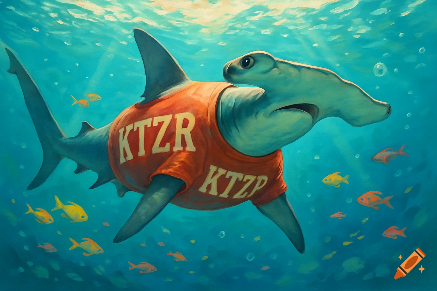A hammerhead shark in an orange KT ZR / KT ZP t-shirt swims underwater among small fish.