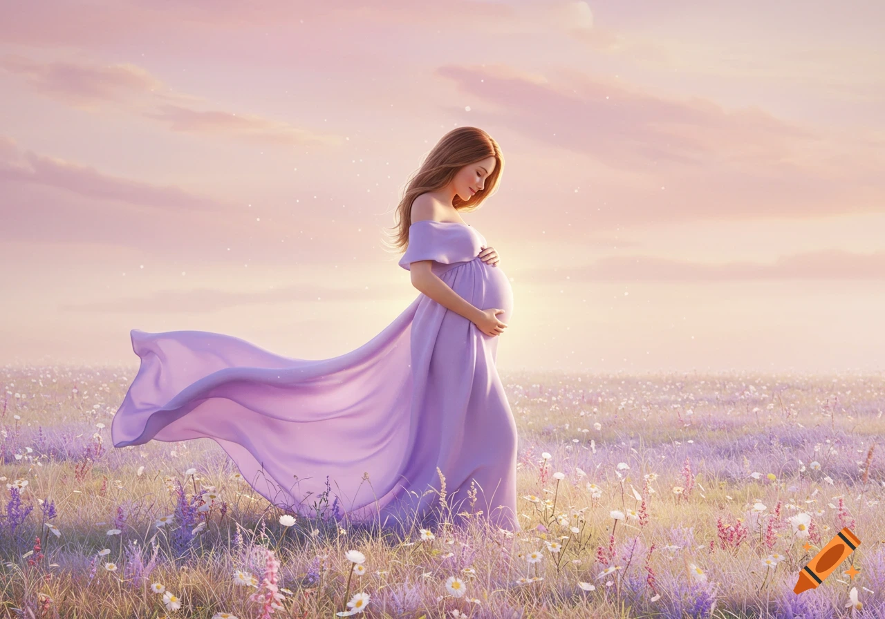 A pregnant woman in a flowing purple dress stands in a field of purple and white flowers under a soft, pastel sky.