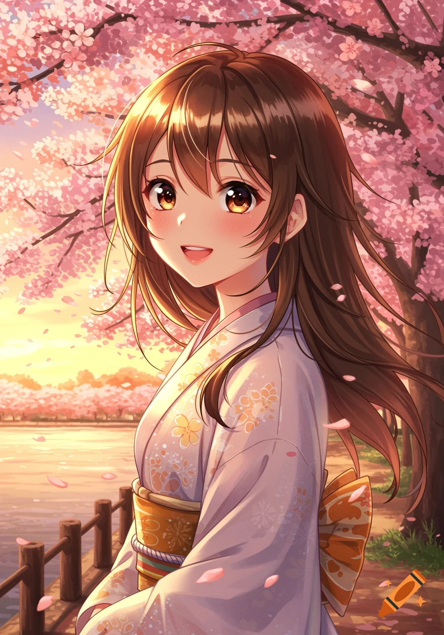 Anime girl in a kimono smiling under blooming cherry blossom trees by a body of water at sunset.