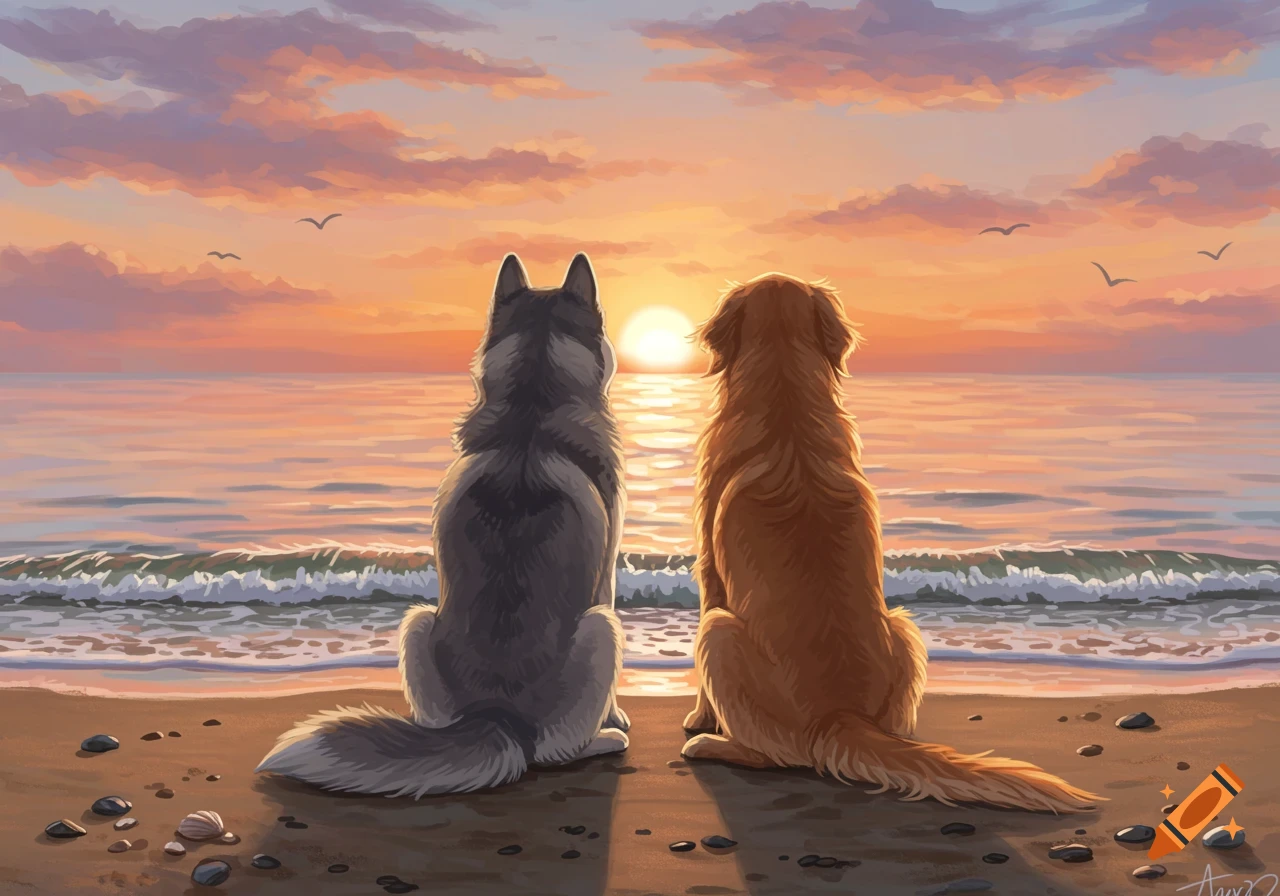 Two dogs, a husky and a golden retriever, sit on a sandy beach looking at a colorful sunset over the ocean. Digital painting.