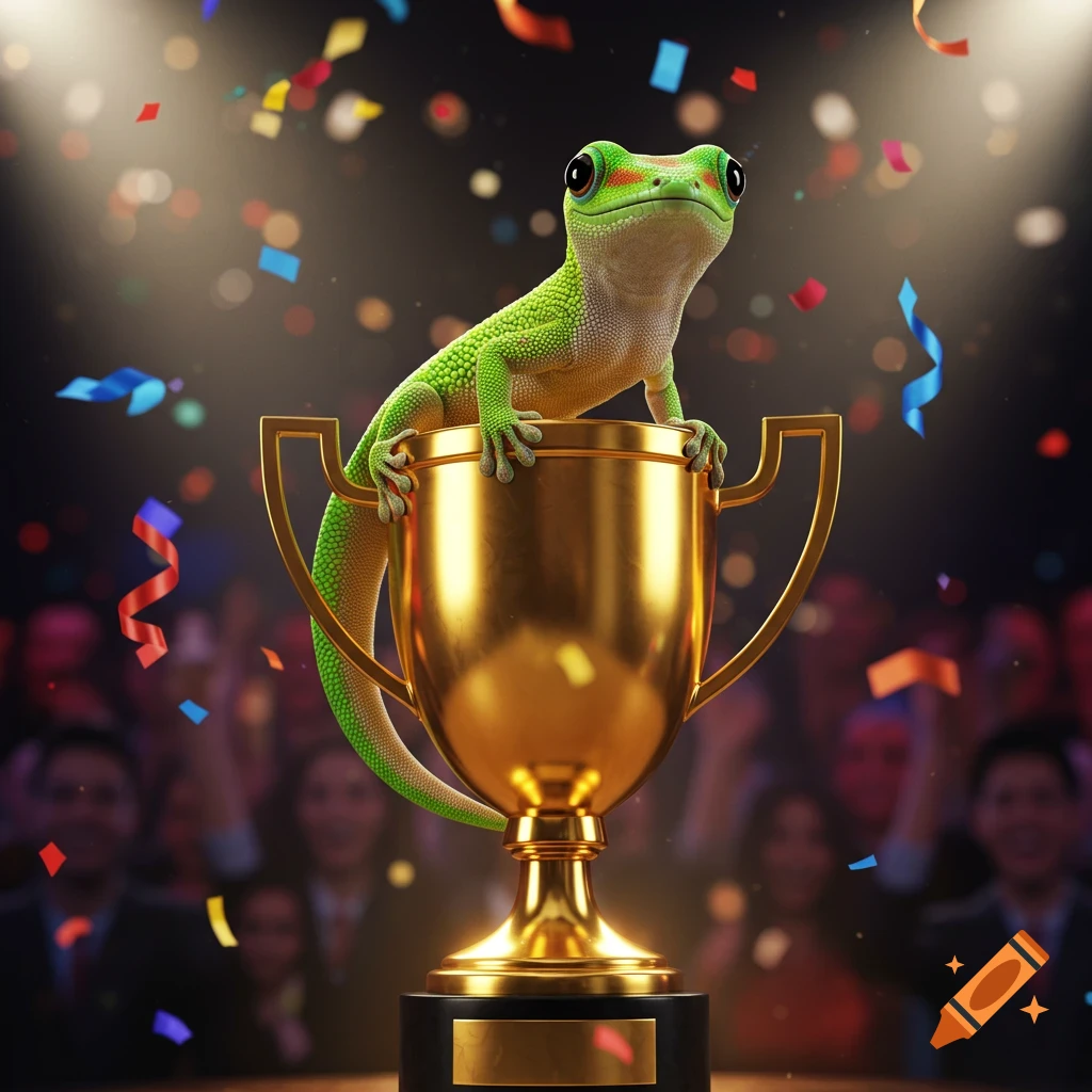 A vibrant green gecko proudly sits on a large golden trophy cup amidst falling confetti, with a blurred crowd in the background.