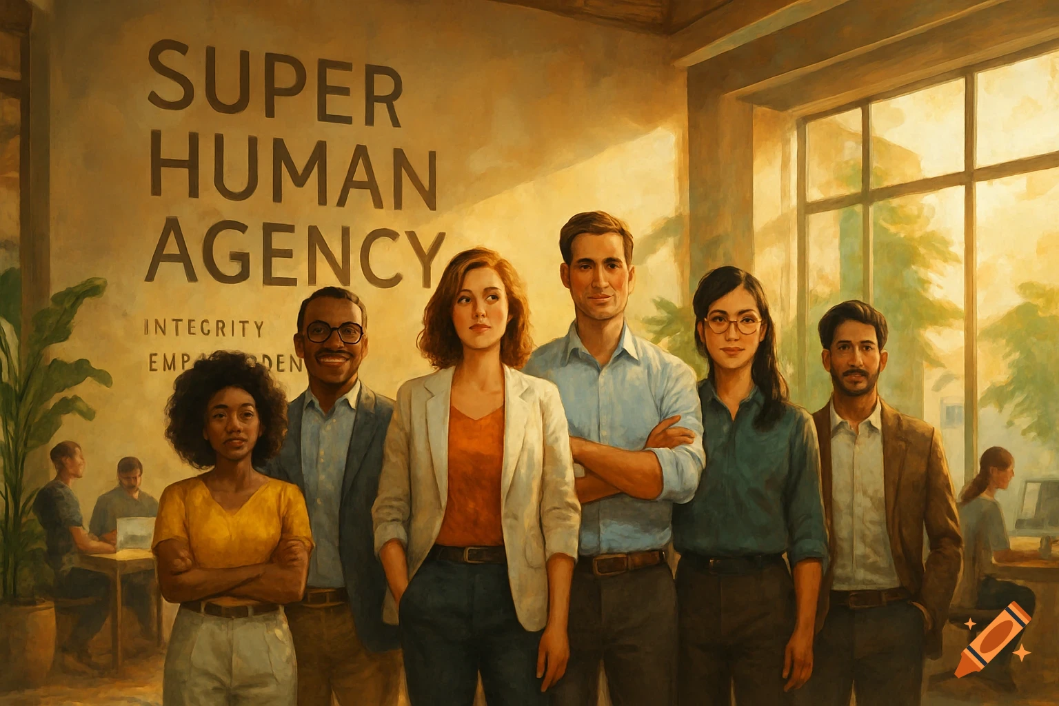 A diverse group of five professionals stand in an office, with "SUPER HUMAN AGENCY" painted on the wall behind them. The room is warmly lit, with people working in the background and plants to the left.
