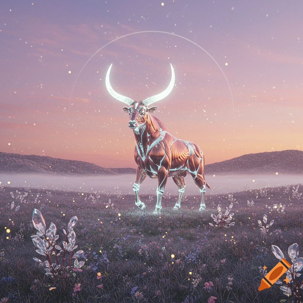 A luminous anatomical bull with glowing horns stands in a mystical field with crystal plants under a pastel sunset.