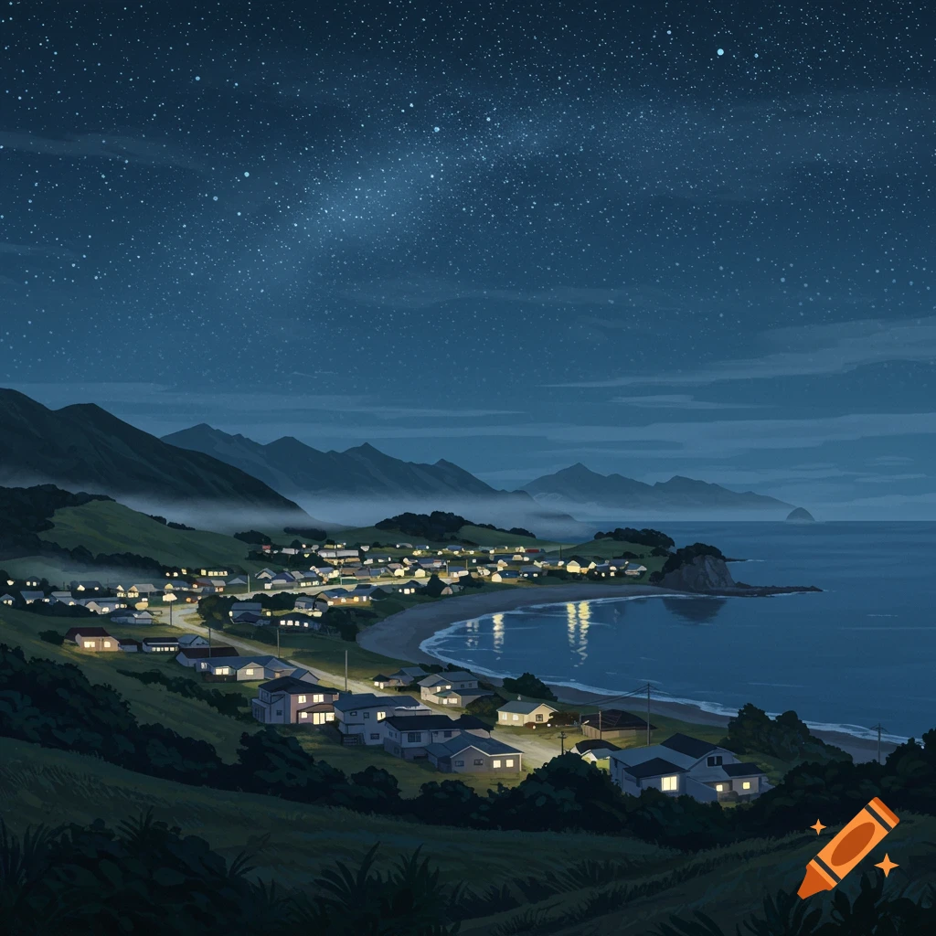 A serene night view of a coastal village nestled between mountains and a calm sea, with lights illuminating the houses under a star-filled sky.