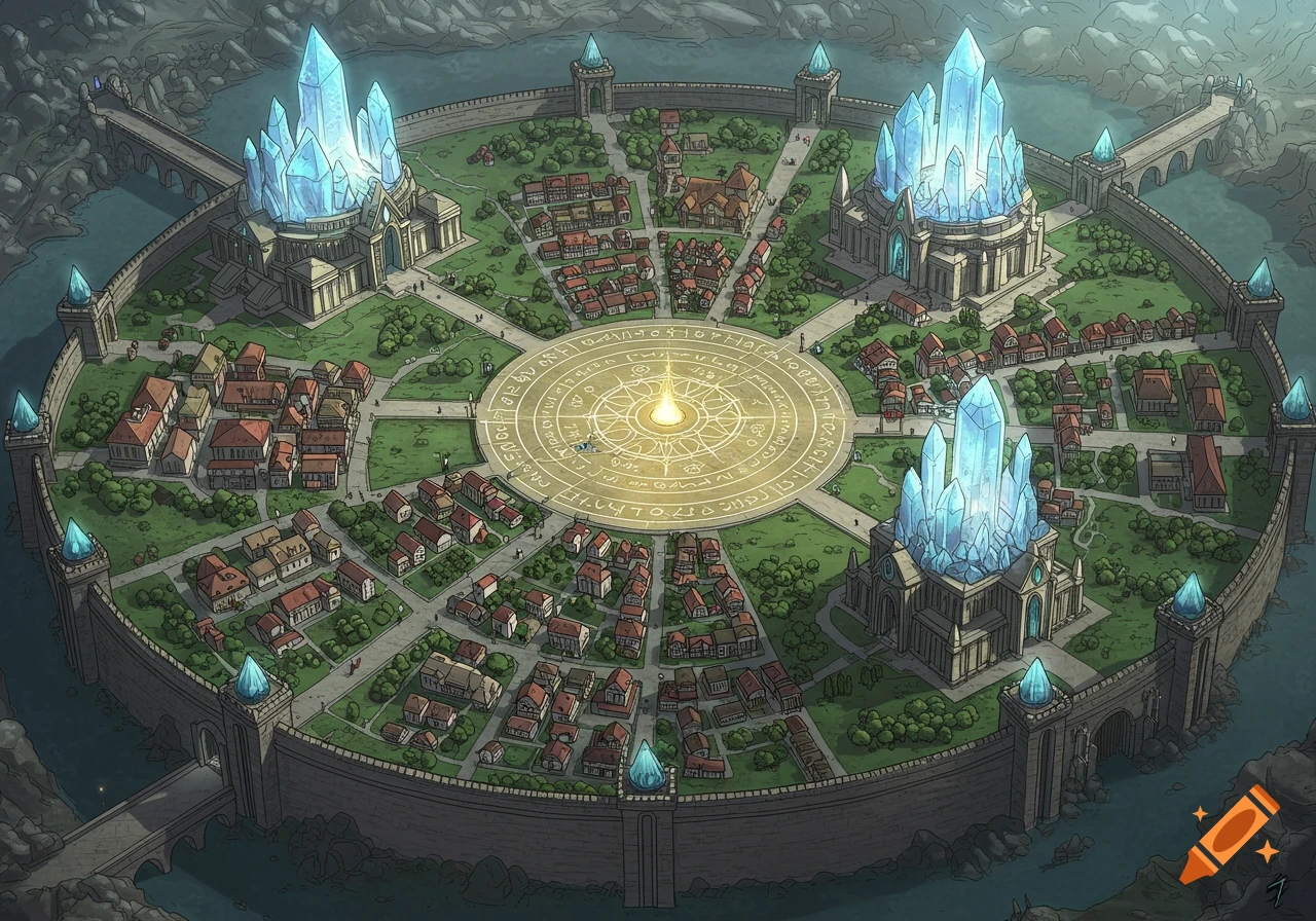 An aerial view of a circular fantasy city map with a central glowing ritual plaza, crystal domes, houses, and fortified walls.