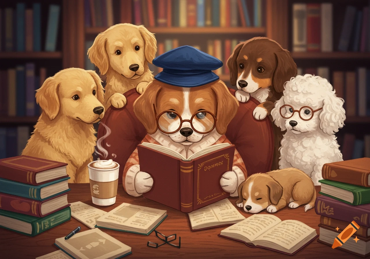 Cartoon dogs studying in a library; one dog with glasses reads a book while others watch or sleep around a table with books and coffee.