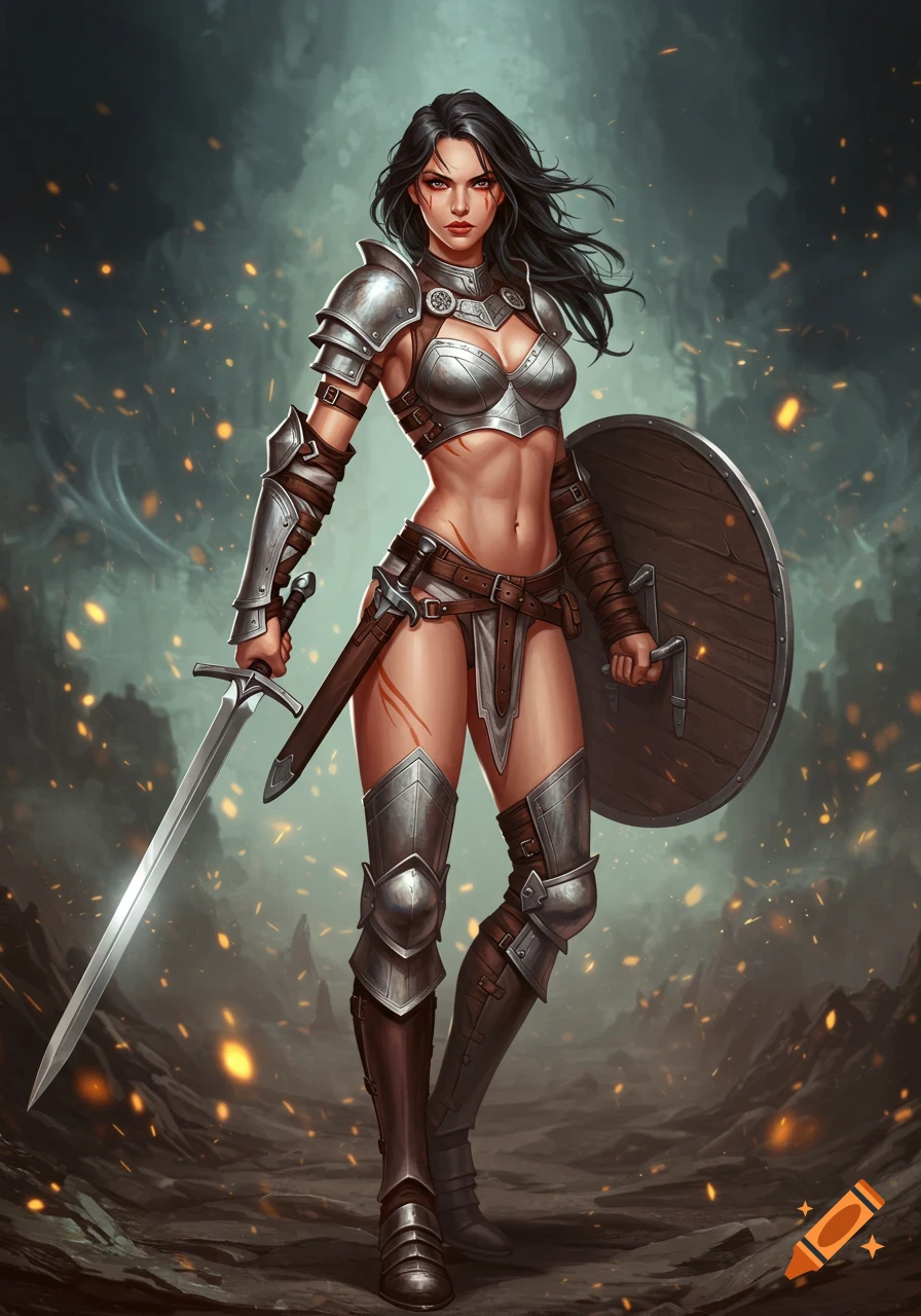 A female warrior in metal armor stands on a smoky battlefield, holding a sword and shield in a detailed digital art style.