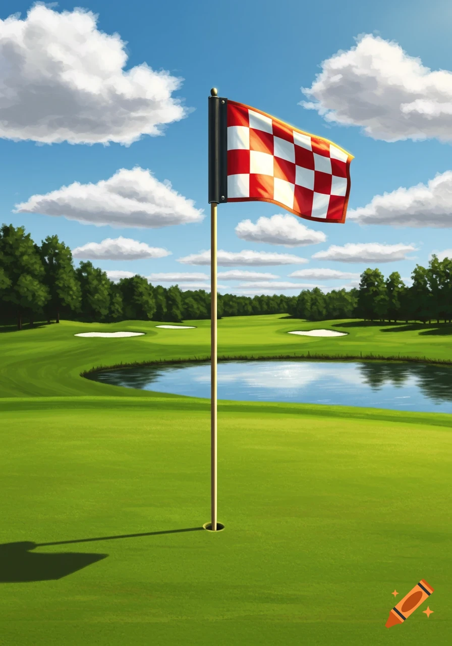 A red and white checkered golf flag stands on a vibrant green golf course with a pond, trees, and cloudy blue sky.