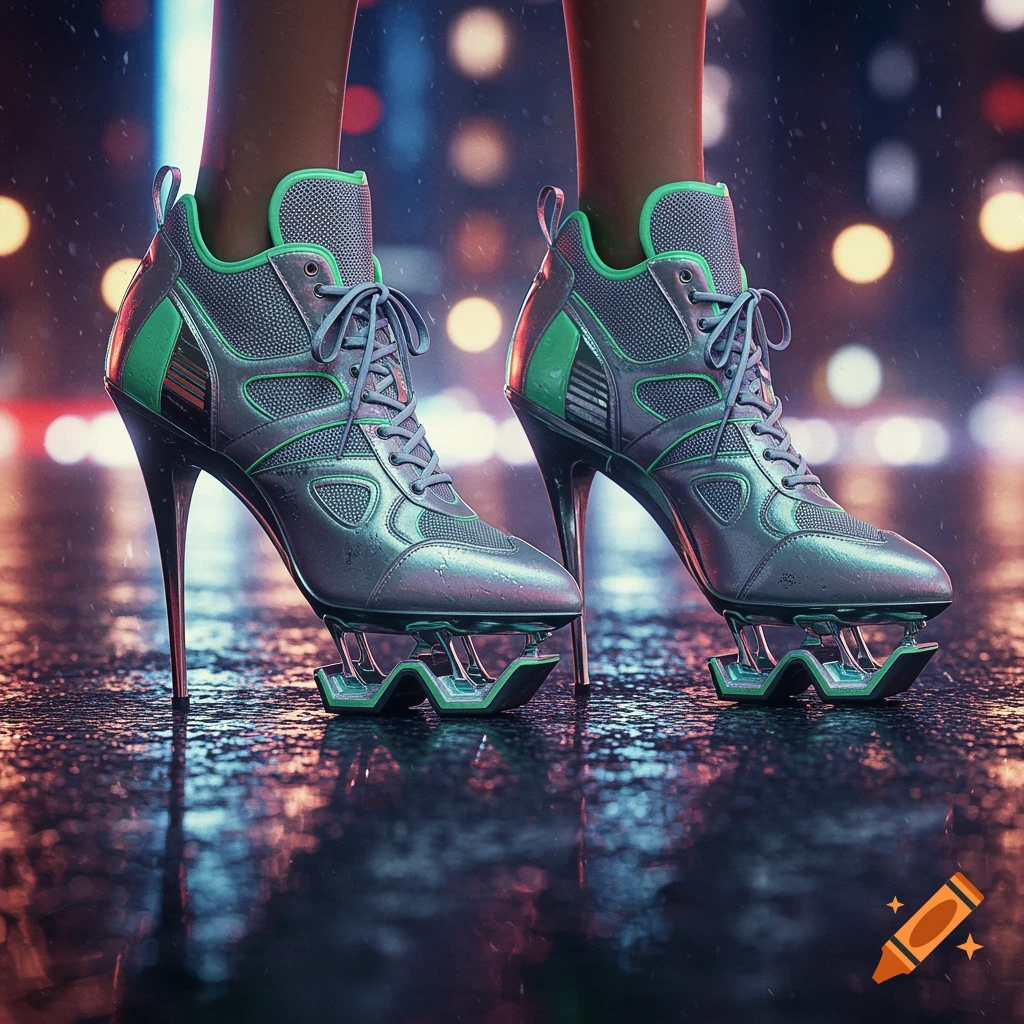A pair of futuristic metallic silver and neon green high-heeled sneakers stand on a wet street at night, illuminated by blurred city lights.
