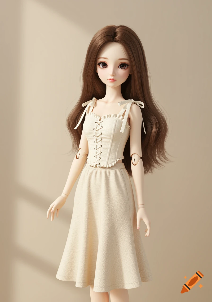 A cartoon-style doll with long brown hair wearing an off-white corset top and flared midi skirt, standing against a beige background.