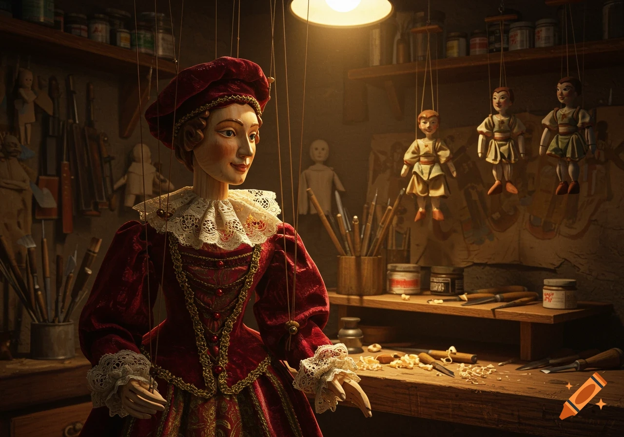 A detailed wooden marionette in a red dress with white lace collar stands in a dimly lit workshop, surrounded by tools and other hanging puppets.