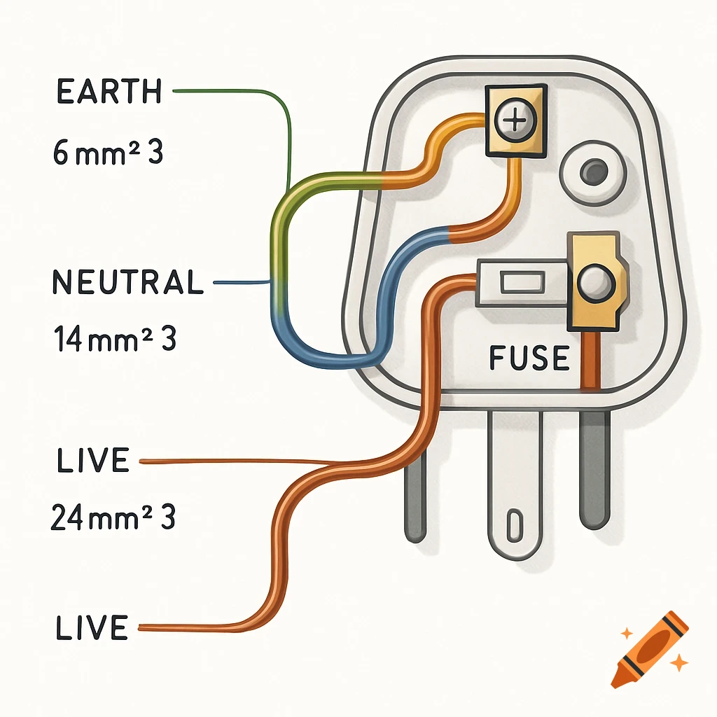 A clear diagram showing the internal wiring of a UK electrical plug, connecting Earth, Neutral, and Live wires to the pins and fuse.