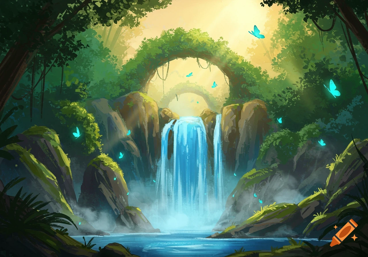 A vibrant fantasy landscape with a large waterfall, lush green trees, and glowing blue butterflies under a bright sky.