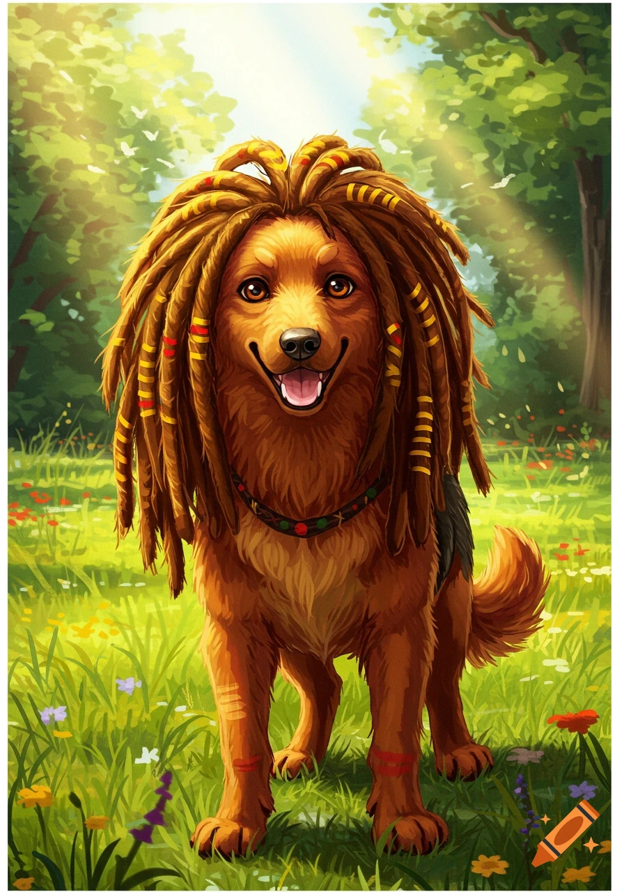 A smiling brown dog with long dreadlocks decorated with red and yellow stripes stands in a sunny green field with flowers, rendered in a colorful illustration style.